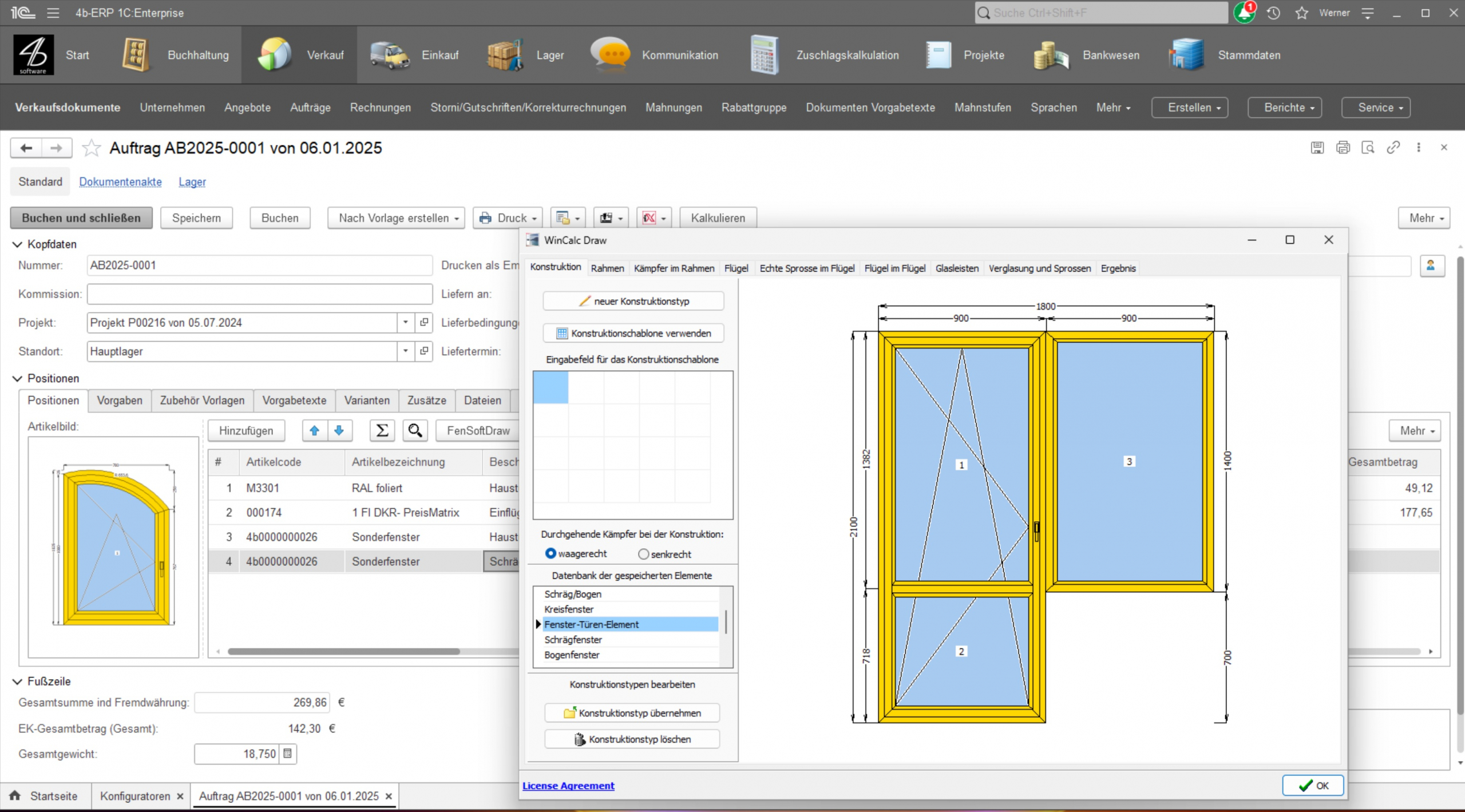 Fenstersoftware: Integration FenSoft Fensterdesigner in 4b ERP